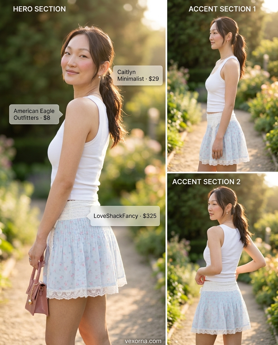 Monochrome blue summer outfits for women 2026: Sky blue floral skirt, white ribbed tank, and white sneakers for garden party.