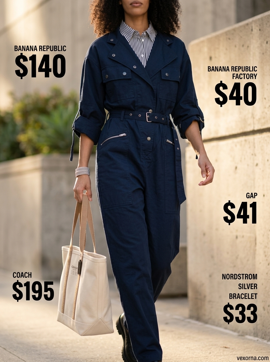 Monochrome blue summer outfits for women 2026: Midnight blue utility jumpsuit with white sneakers for casual evening.