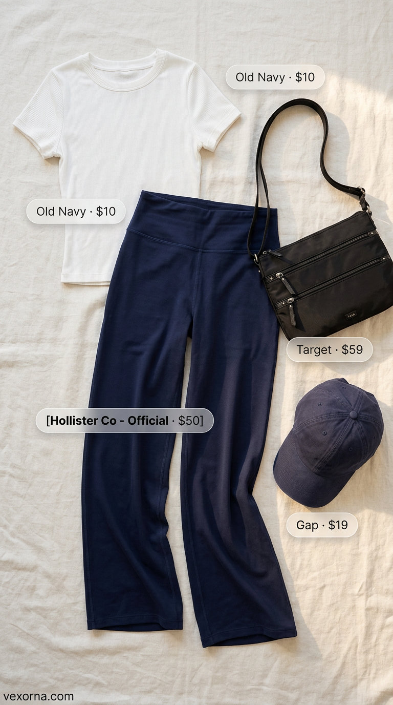 Monochrome blue summer outfits for women 2026: Navy blue athletic pants with white tee and sneakers for travel.