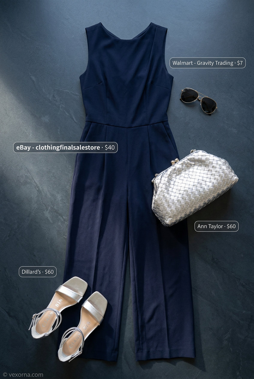 Monochrome blue summer outfits for women 2026: Navy blue wide-leg jumpsuit with silver heels for cocktail party.