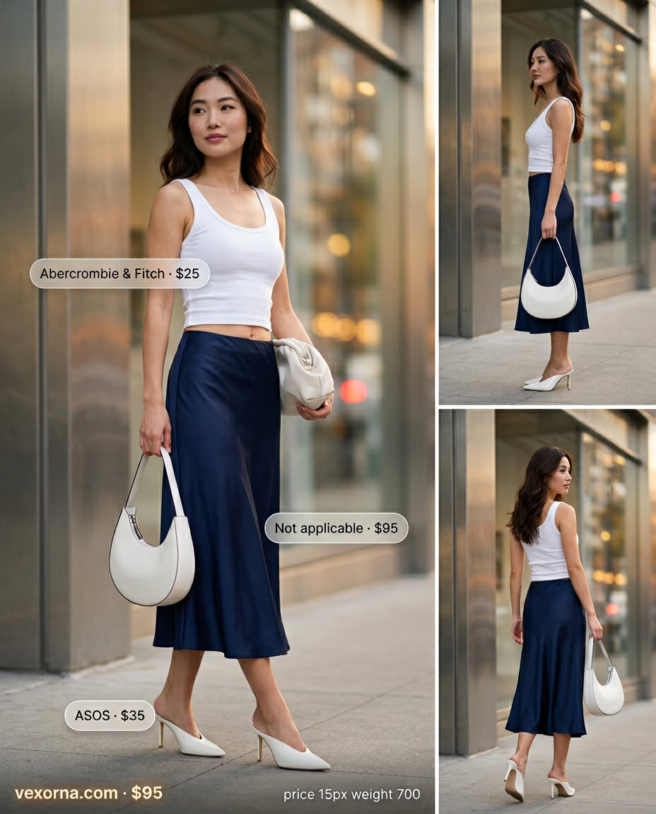 Monochrome blue summer outfits for women 2026: Navy blue satin midi skirt, white ribbed tank, and pointed-toe mules.