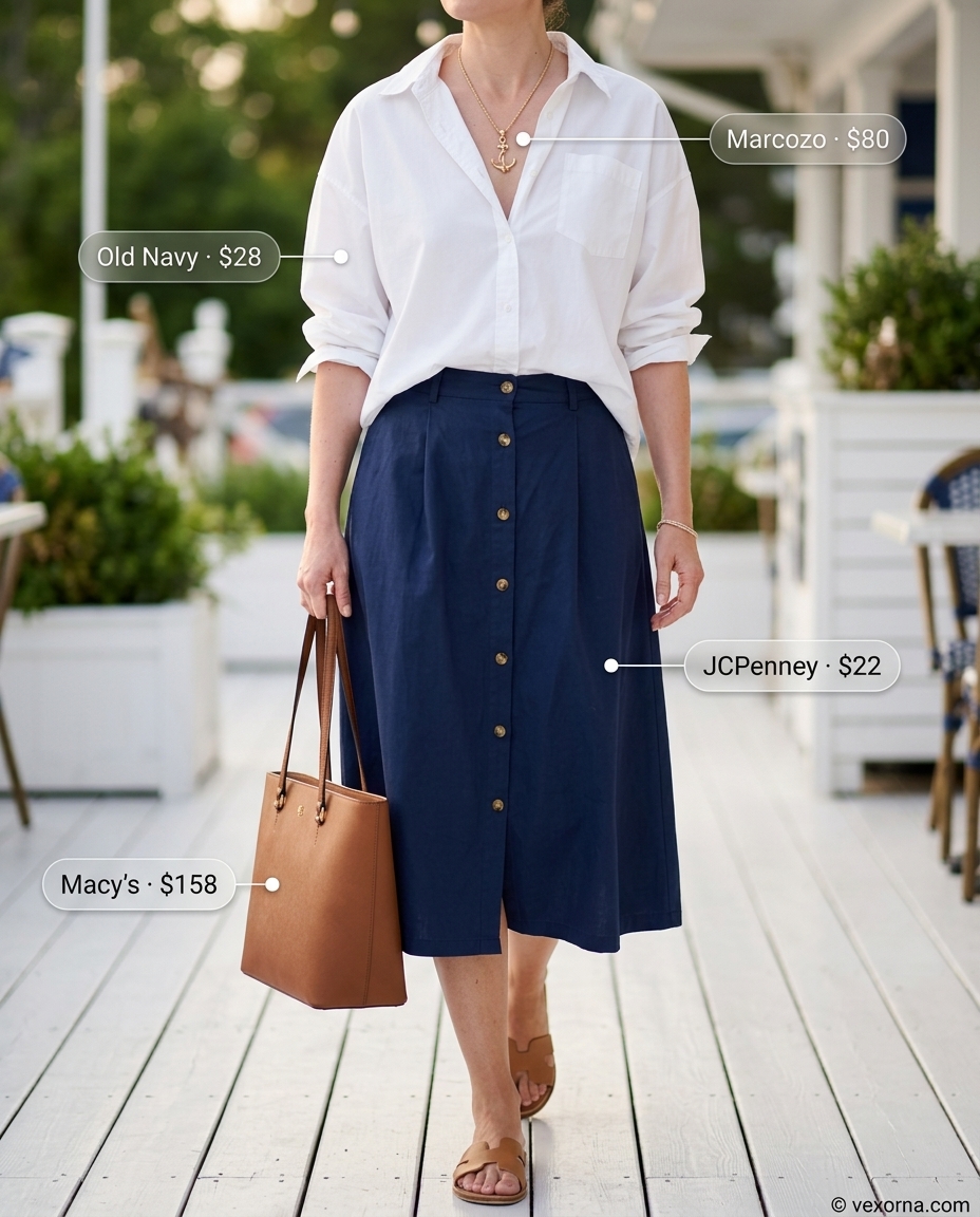 Monochrome blue summer outfits for women 2026: Navy nautical chic midi skirt, white shirt, and tan loafers for smart casual.