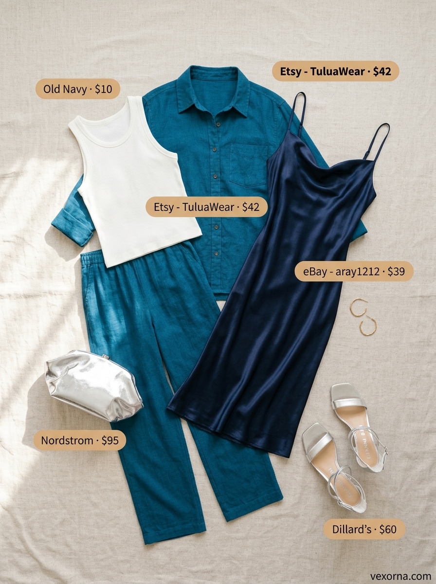 Monochrome blue summer outfits for women 2026: Ocean blue linen set with white tank and metallic sandals for seaside.