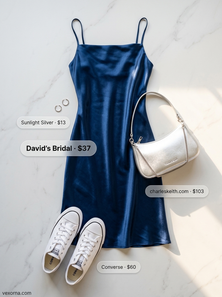 Monochrome blue summer outfits for women 2026: Sapphire blue slip dress, silver bag, and white sneakers for day to night.