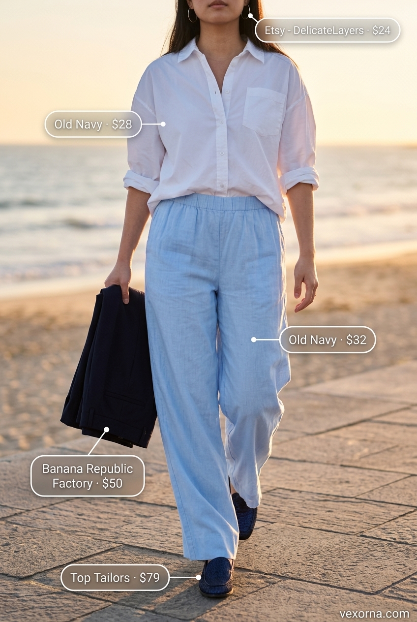 Monochrome blue summer outfits for women 2026: Sky blue linen pants, white shirt, and loafers for casual day out.