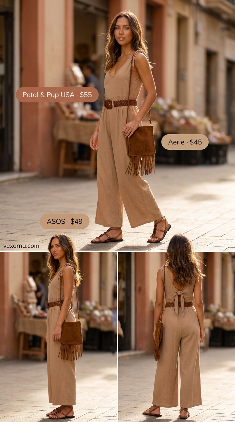 Bohemian beige linen jumpsuit with fringe bag and embellished sandals for women 2026.