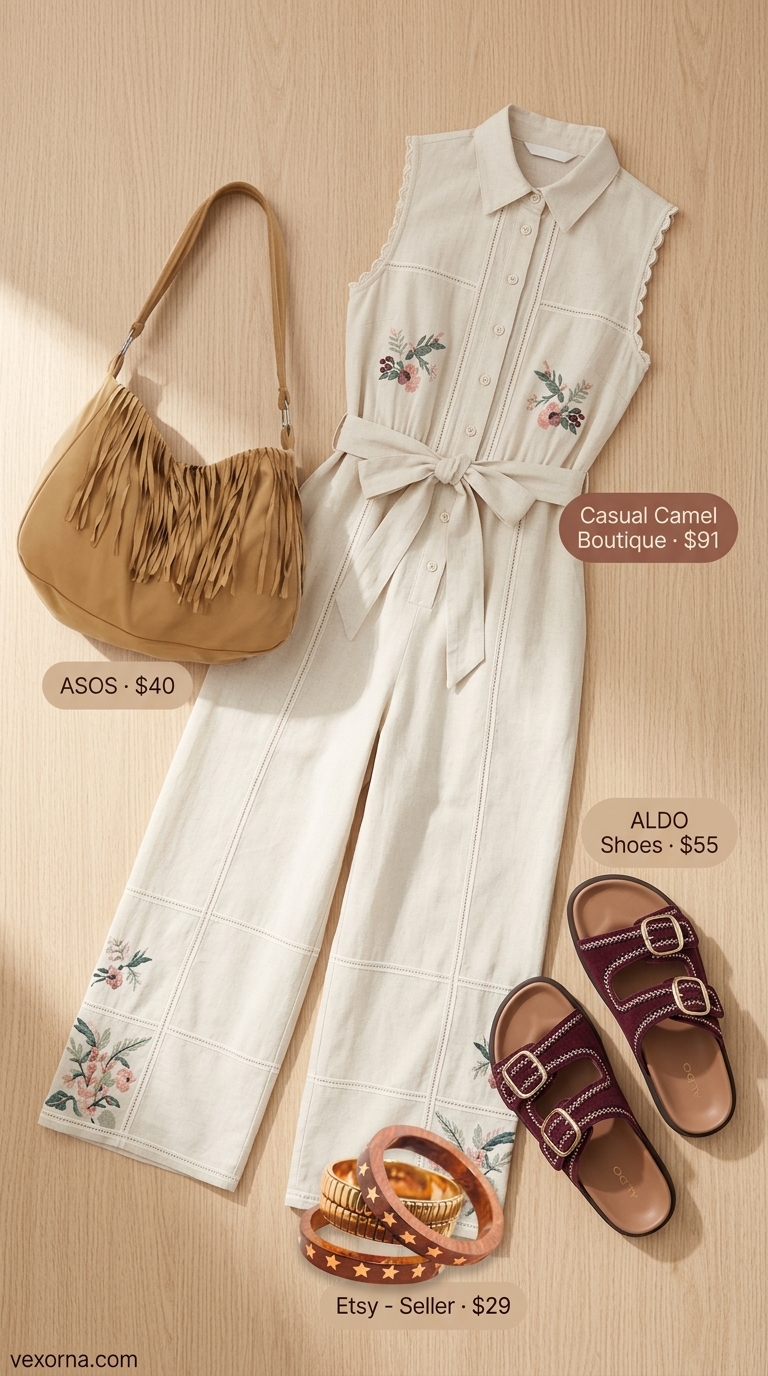 Boho ecru linen jumpsuit with burgundy sandals and wood bangles for festival wear 2026.
