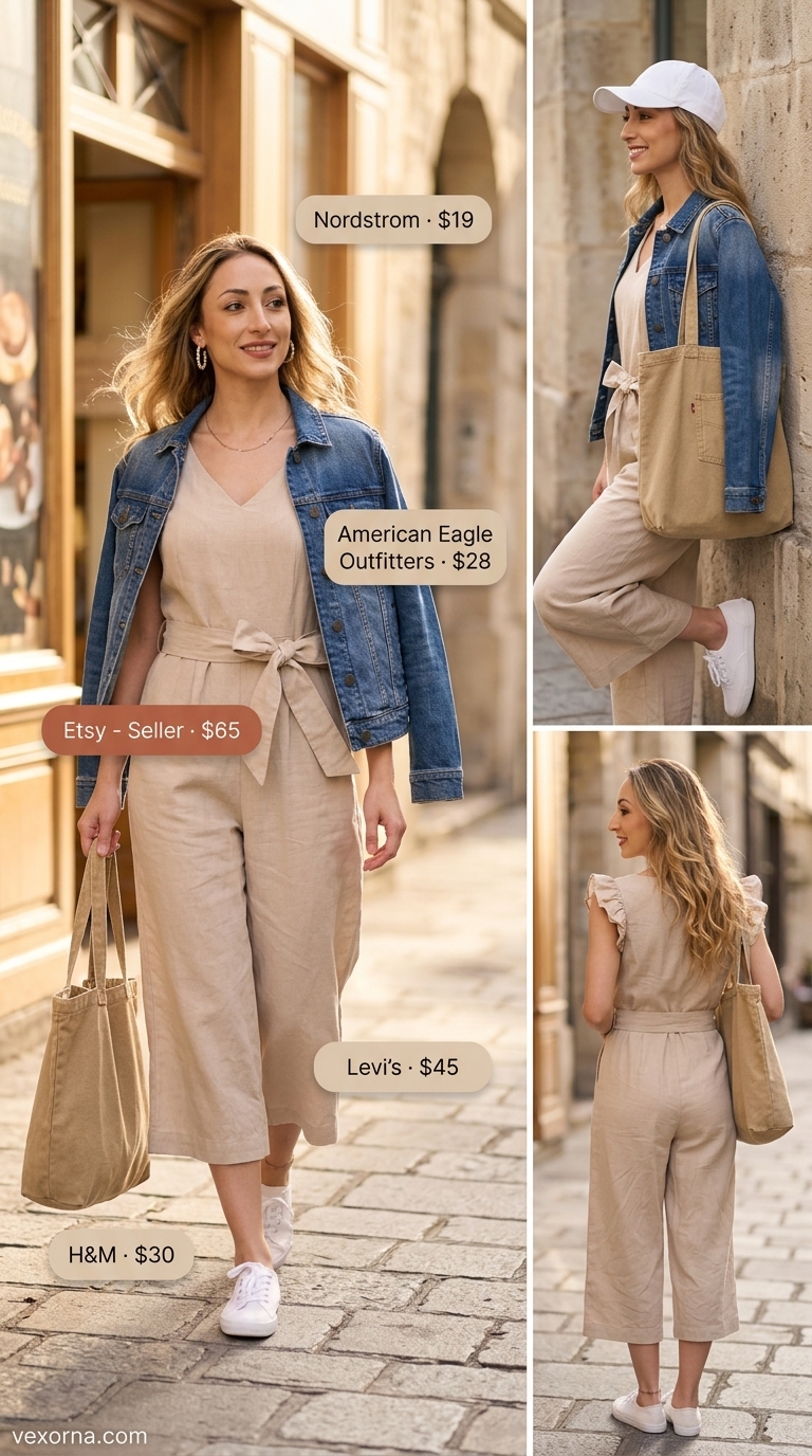 Casual beige linen jumpsuit with denim jacket, white cap, and canvas tote for errands 2026.
