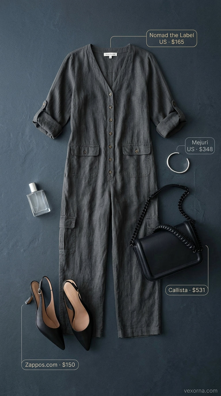 Minimalist charcoal grey linen jumpsuit with slingbacks and silver cuff for women 2026.