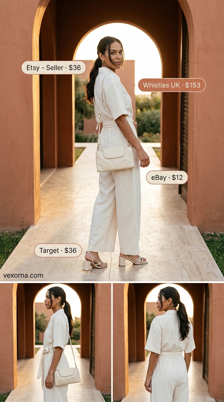 Cream linen jumpsuit with block heel sandals and cream crossbody bag for daytime event 2026.