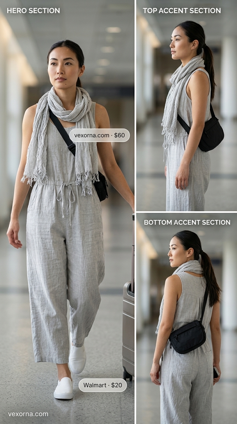 Light grey linen-knit jumpsuit with slip-on sneakers and travel scarf for airport 2026.
