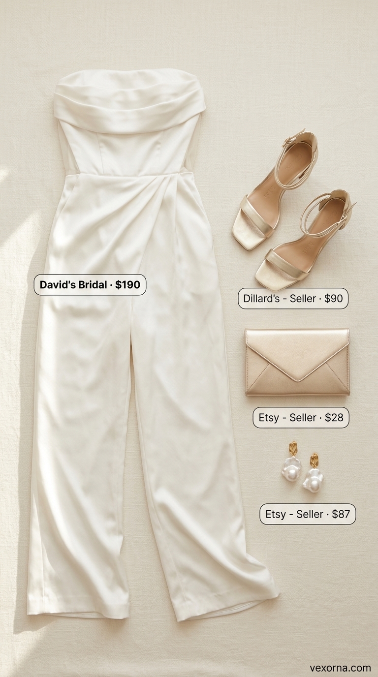 Ivory linen-satin jumpsuit with champagne heels and metallic clutch for summer soiree 2026.