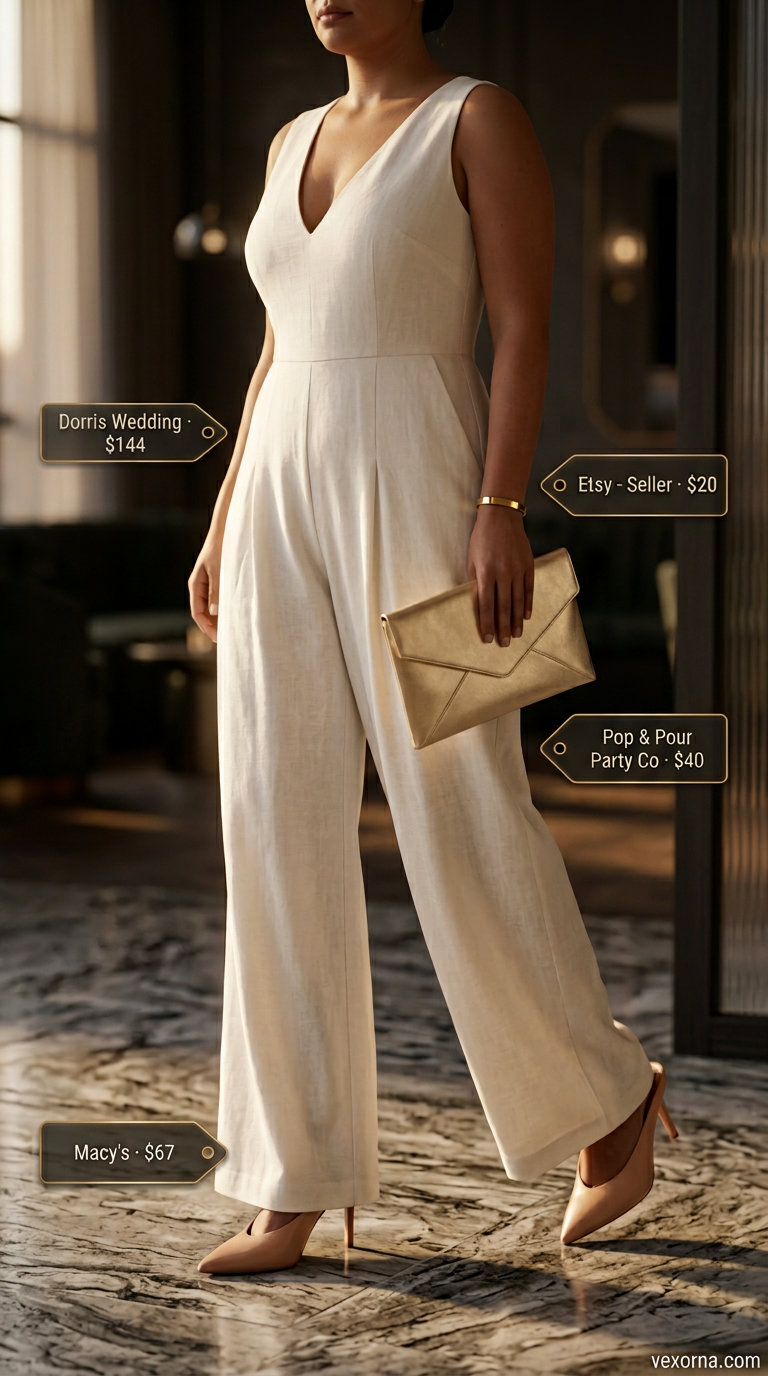 Chic ivory linen jumpsuit with heeled mules and gold accessories for women 2026.