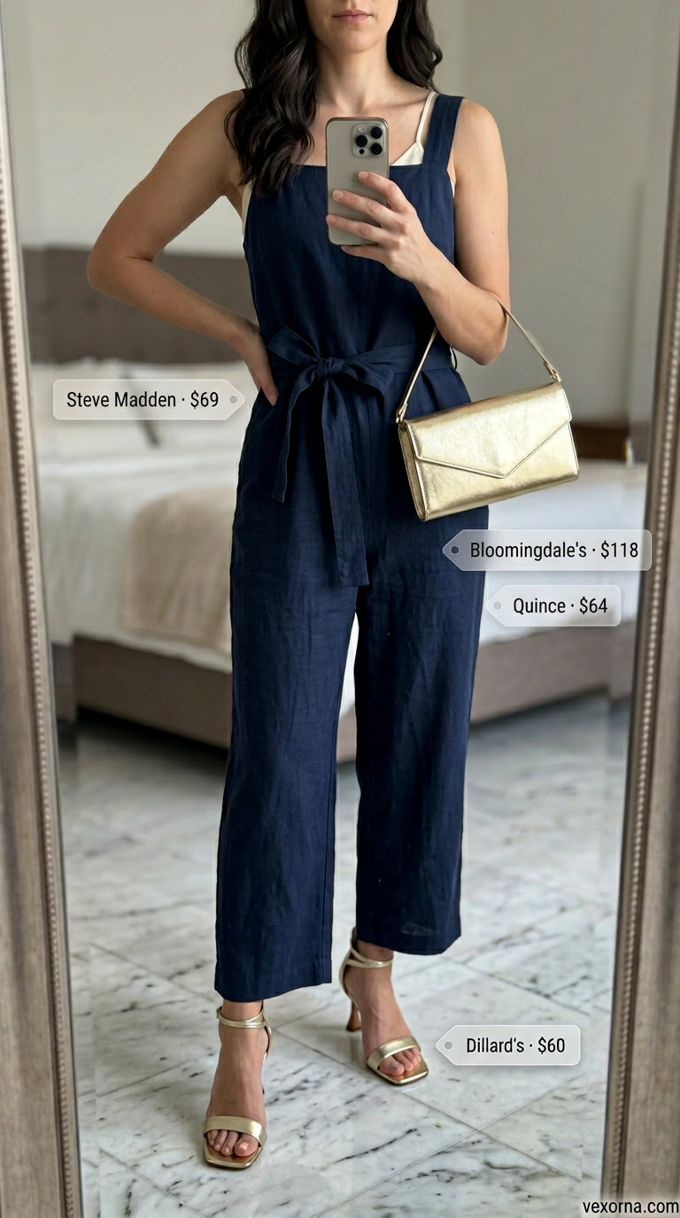 Navy blue linen jumpsuit with gold heels and metallic clutch for summer evening event 2026.