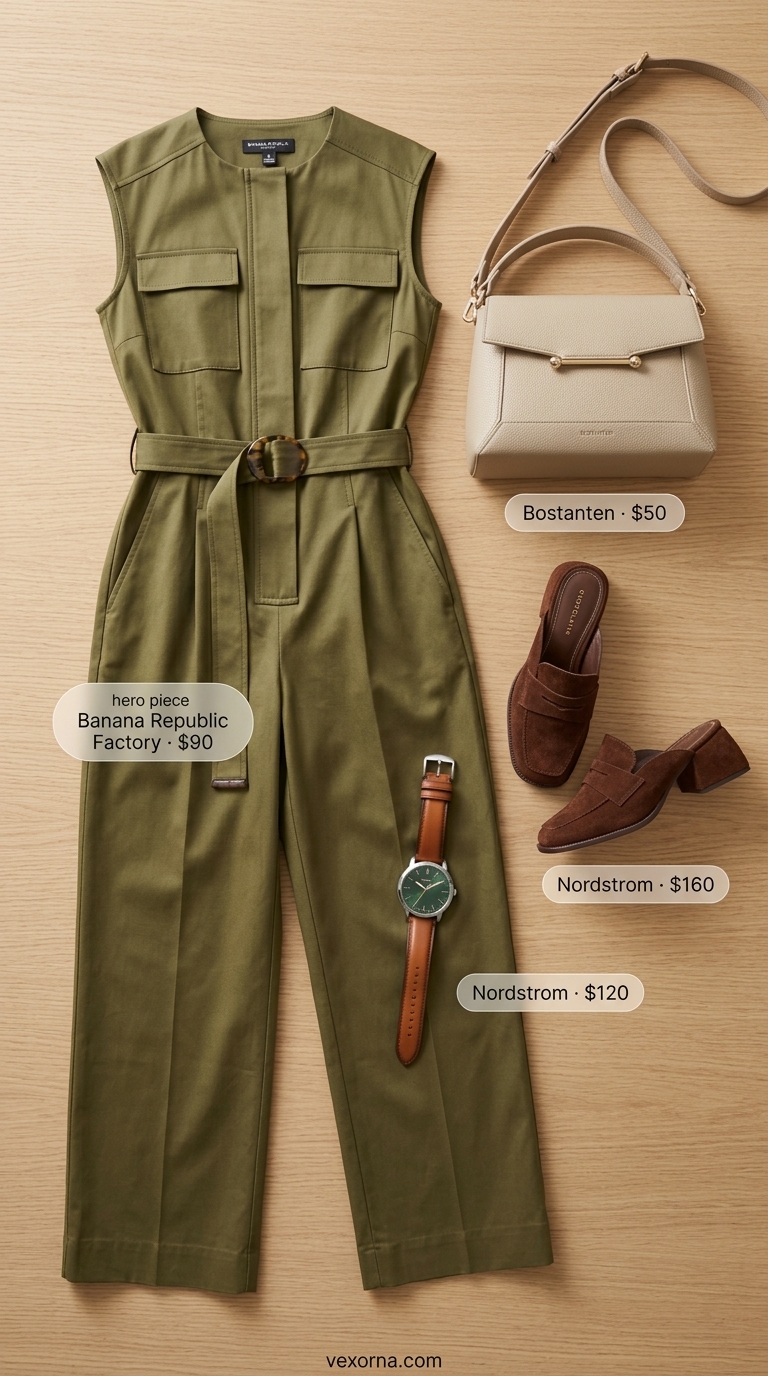 Olive green utility linen jumpsuit with block heel mules and structured crossbody 2026.