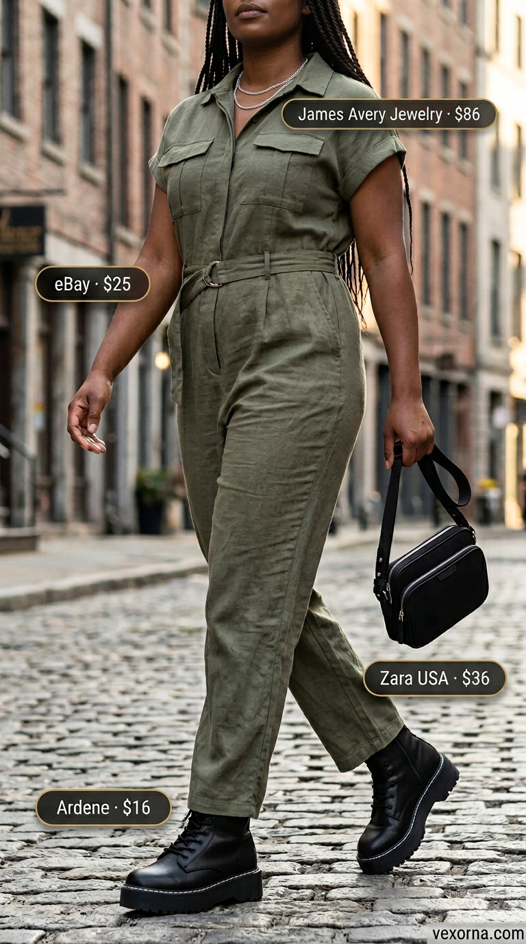 Olive green utility linen jumpsuit with combat boots and crossbody bag for women 2026.
