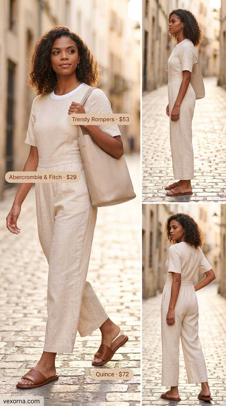 Relaxed natural beige linen jumpsuit with white tee, leather tote, and flat slides 2026.