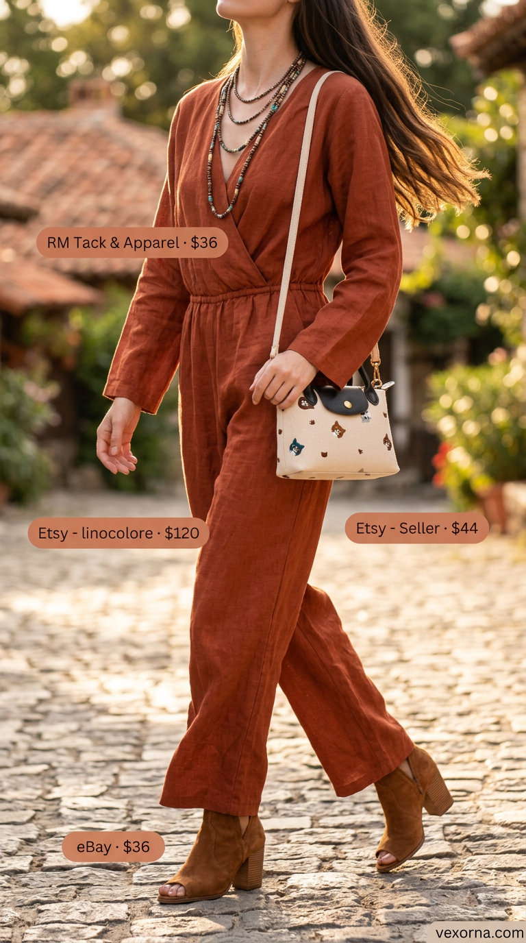 Terracotta linen jumpsuit with suede boots and layered necklaces for women 2026.