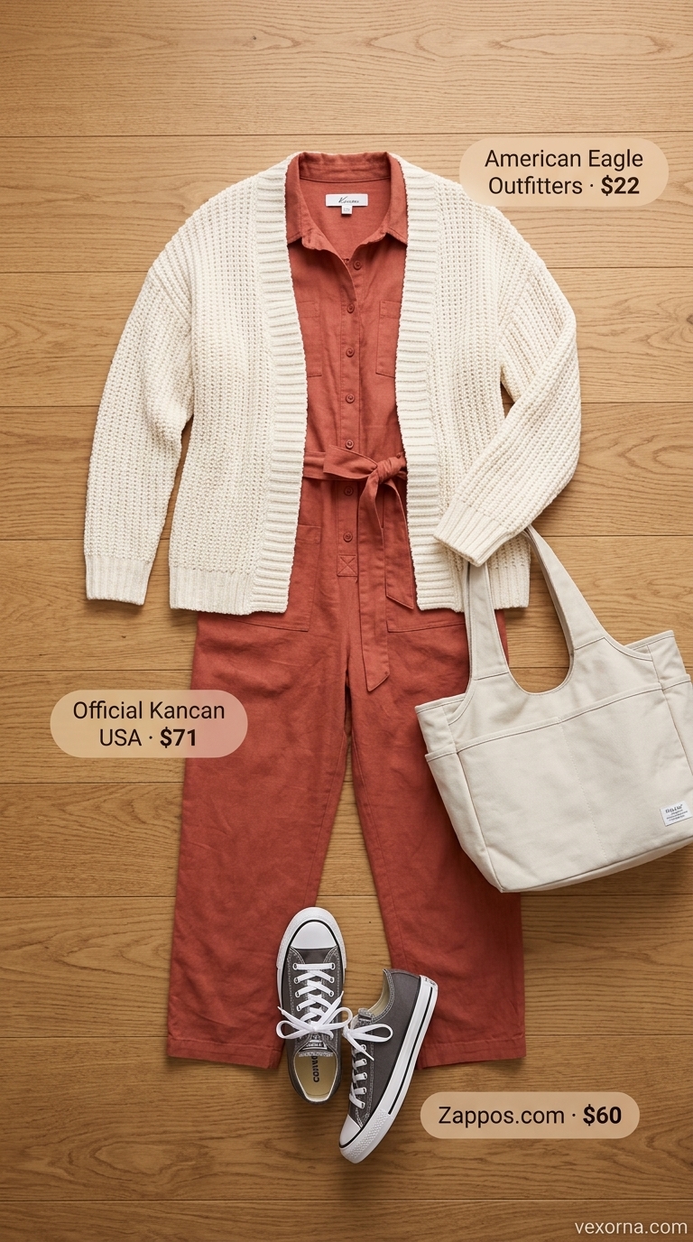 Terracotta linen jumpsuit with sneakers and cardigan for weekend travel 2026.