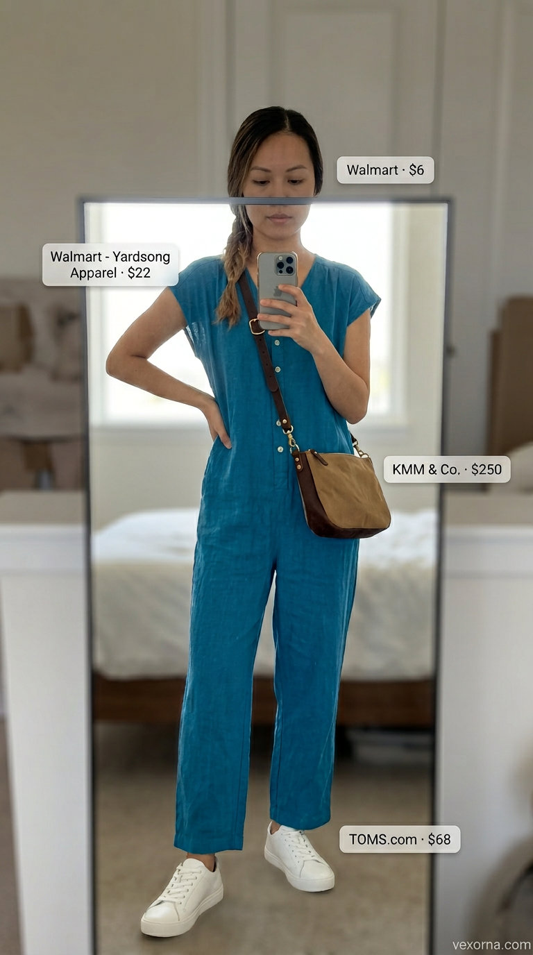 Casual light denim blue linen jumpsuit with white cap, sneakers, and crossbody bag 2026.