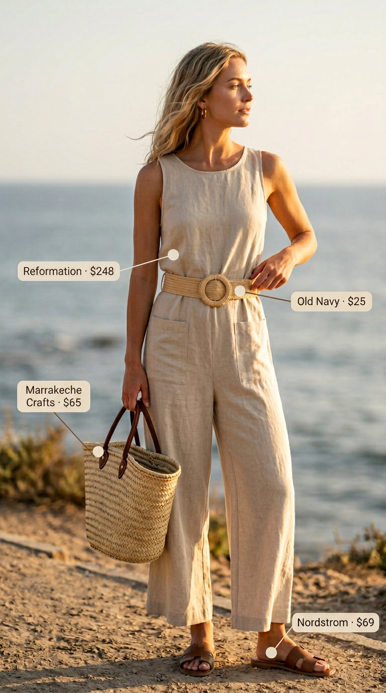 Neutral summer linen jumpsuit for women 2026 in sand beige, styled for a beach day with straw tote and leather slides.