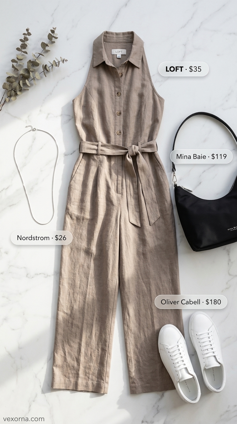 Taupe neutral summer linen jumpsuit for women 2026, minimalist for casual days with white sneakers and a crossbody bag.