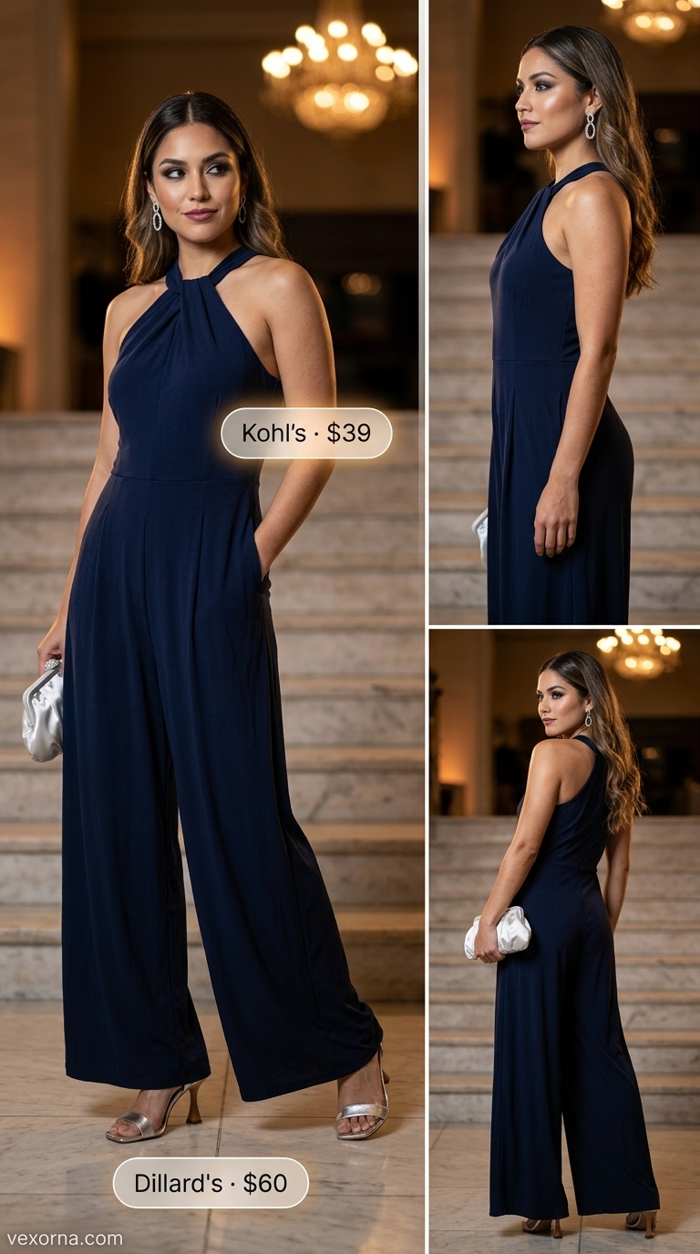 Navy blue neutral summer linen jumpsuit for women 2026, glamorous for evening events with silver heels and clutch.