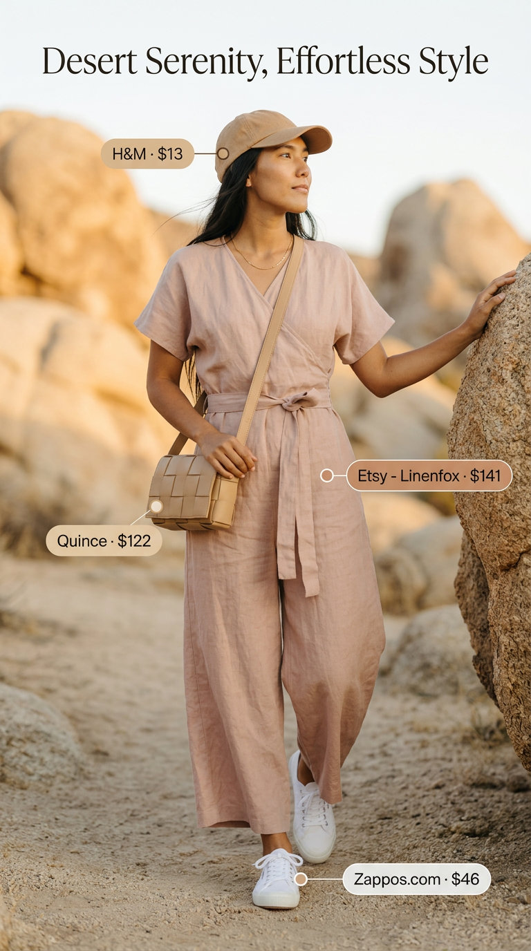 Blush pink neutral summer linen jumpsuit for women 2026, perfect for weekend brunch with sneakers and a crossbody bag.