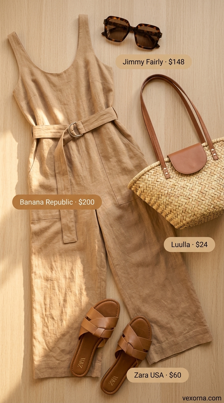 Sand beige neutral summer linen jumpsuit for women 2026, chic for vacation with straw tote and leather slides.