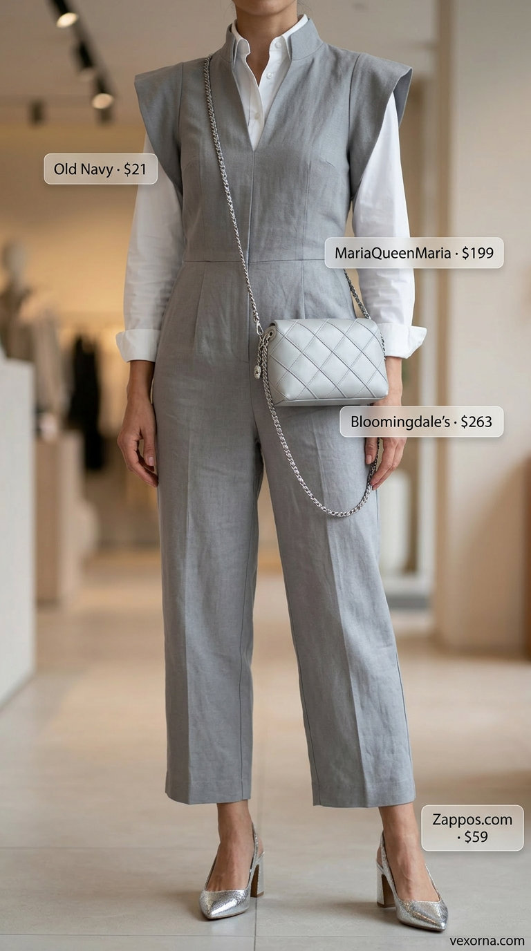 Dove grey neutral summer linen jumpsuit for women 2026, polished for business casual with a white shirt and heels.