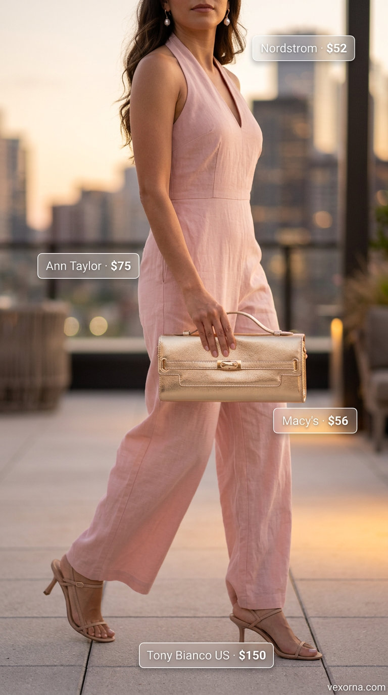 Blush pink neutral summer linen jumpsuit for women 2026, romantic for evening events with gold accessories and nude heels.