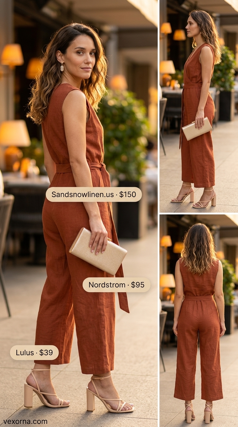 Terracotta neutral summer linen jumpsuit for women 2026, ideal for date nights with gold accessories and nude heels.