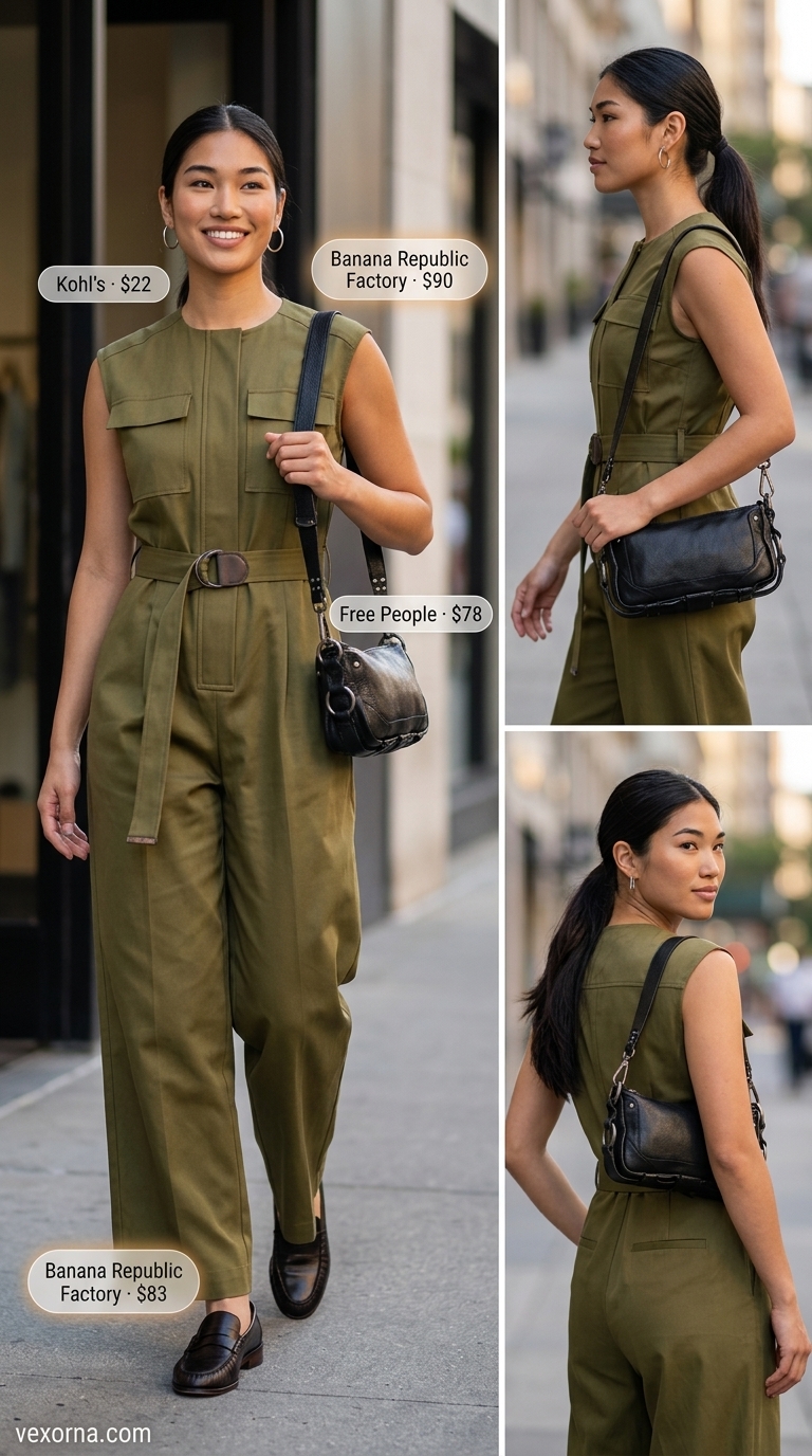 Olive green neutral summer linen utility jumpsuit for women 2026, chic for city exploration with loafers and a shoulder bag.