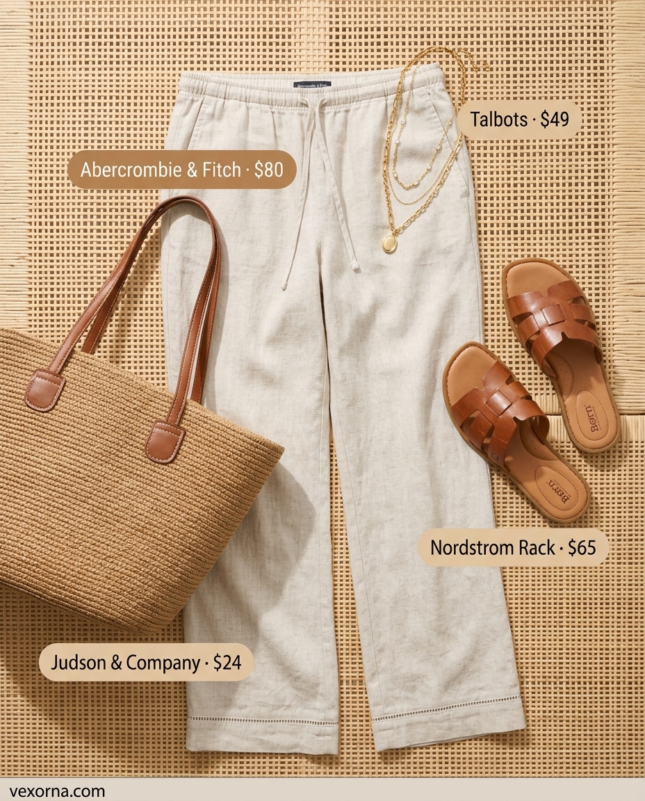 Plus size summer outfits for women 2026: Beige linen set, tan slides, straw tote for beach vacation.