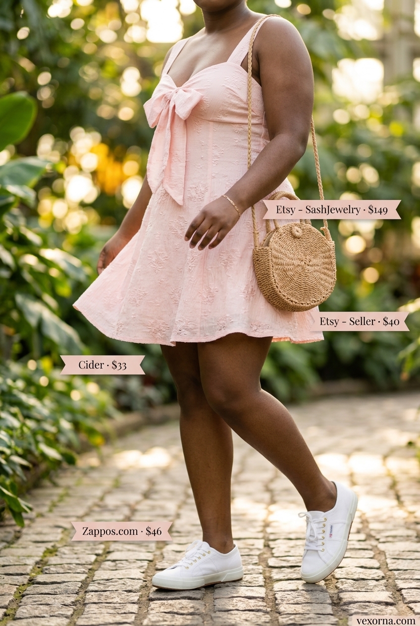 Plus size summer outfits for women 2026: Blush pink sundress, straw bag, white sneakers for casual day.