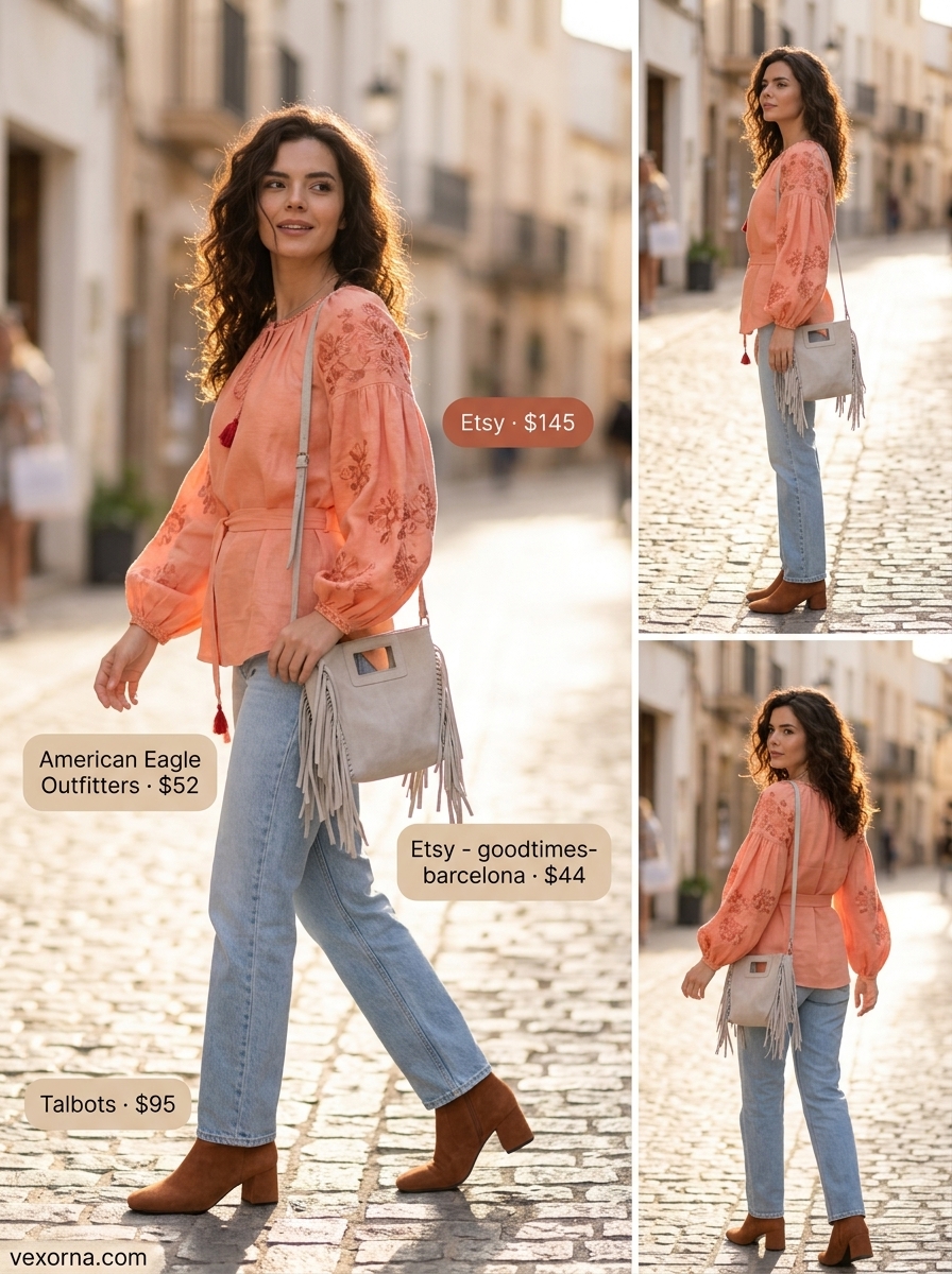 Plus size summer outfits for women 2026: Coral embroidered blouse, straight leg jeans, suede boots for brunch.