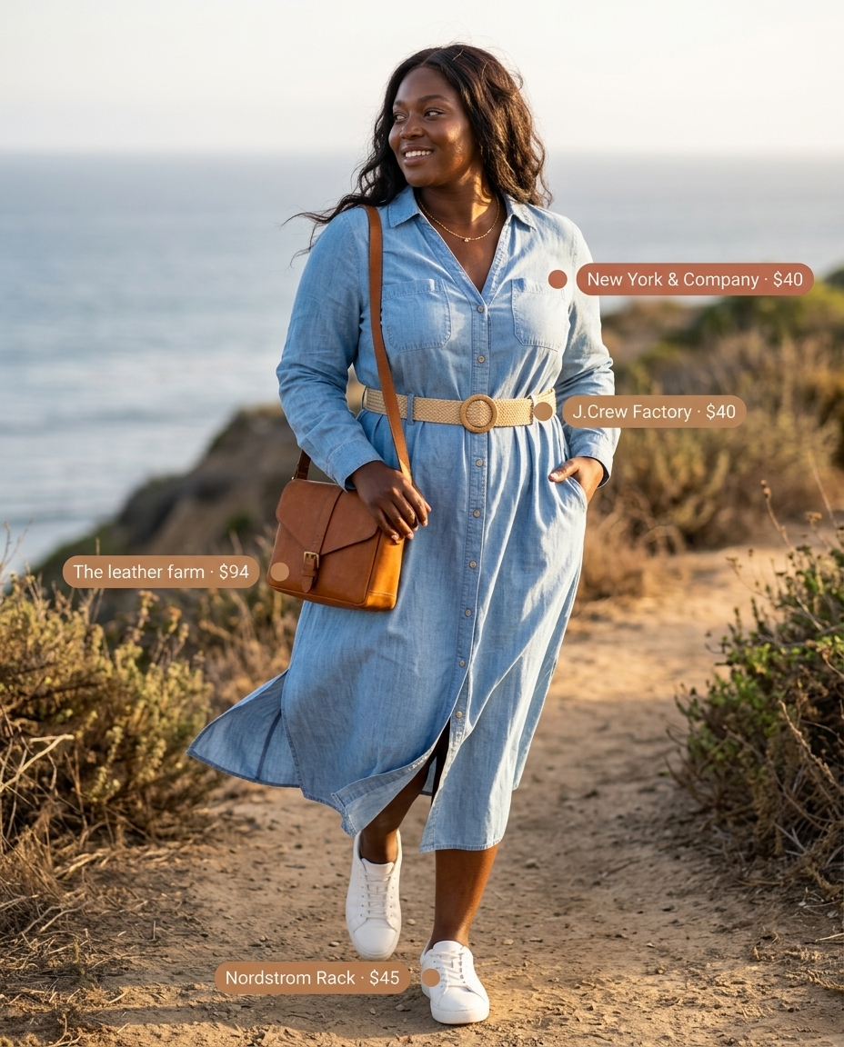 Plus size summer outfits for women 2026: Chambray shirtdress, tan crossbody, sneakers for casual day.