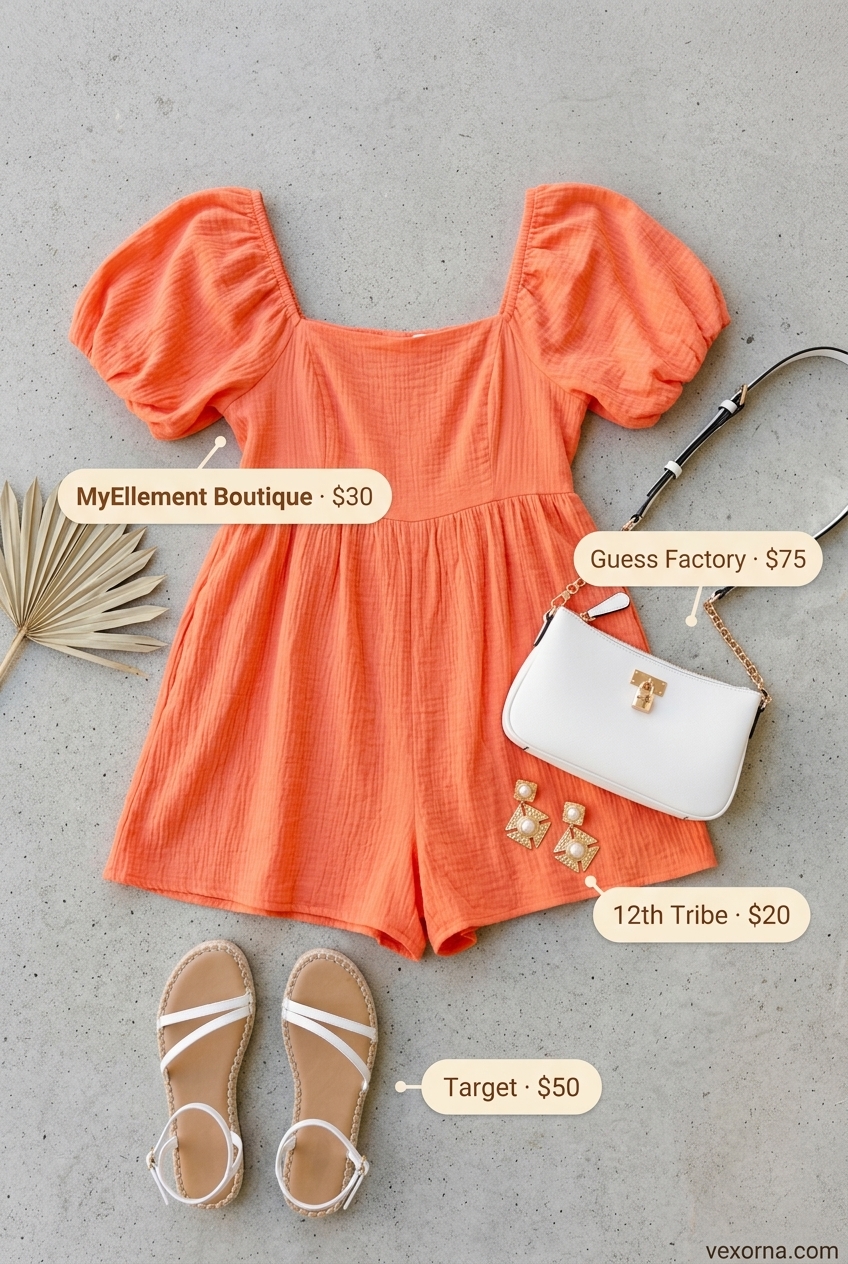 Plus size summer outfits for women 2026: Coral romper with puff sleeves, white crossbody, espadrilles for day date.