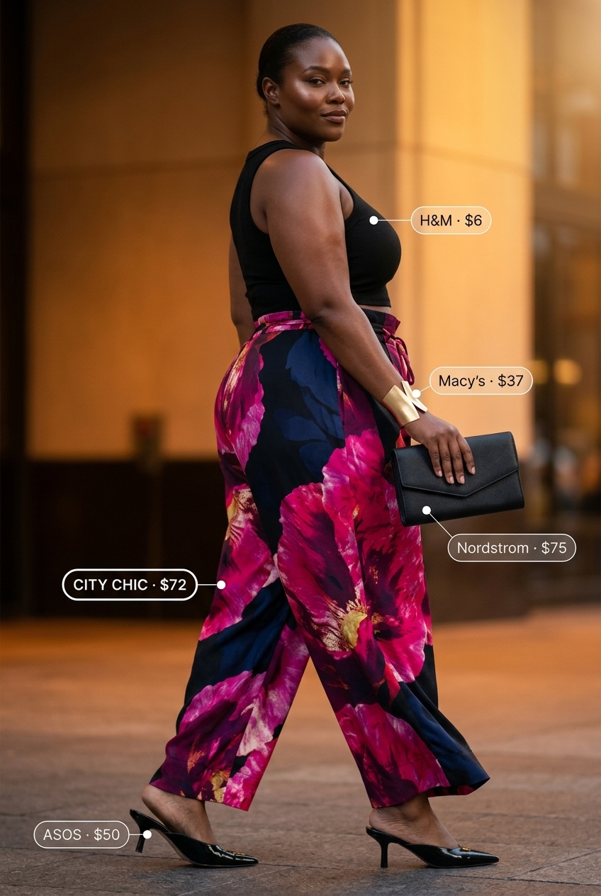 Plus size summer outfits for women 2026: Navy floral wide-leg pants, black crop top, mules for party.