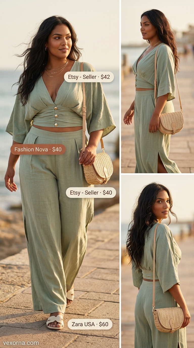 Plus size summer outfits for women 2026: Sage green linen set, cream slides, straw bag for beach brunch.