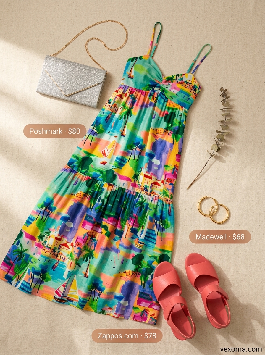 Plus size summer outfits for women 2026: Teal tropical maxi dress, coral sandals, gold clutch for vacation dinner.