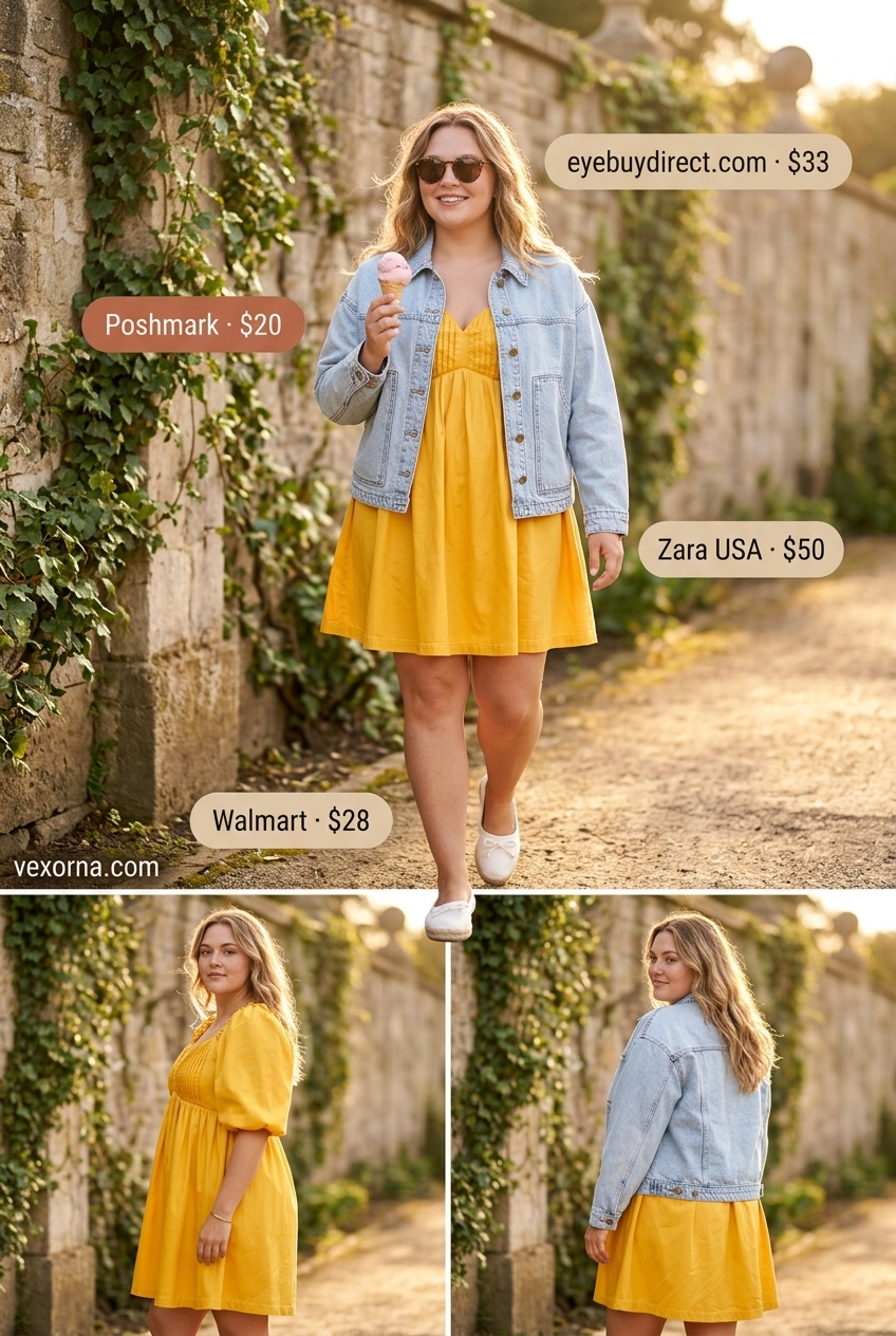 Plus size summer outfits for women 2026: Yellow babydoll dress, denim jacket, espadrilles for picnic.