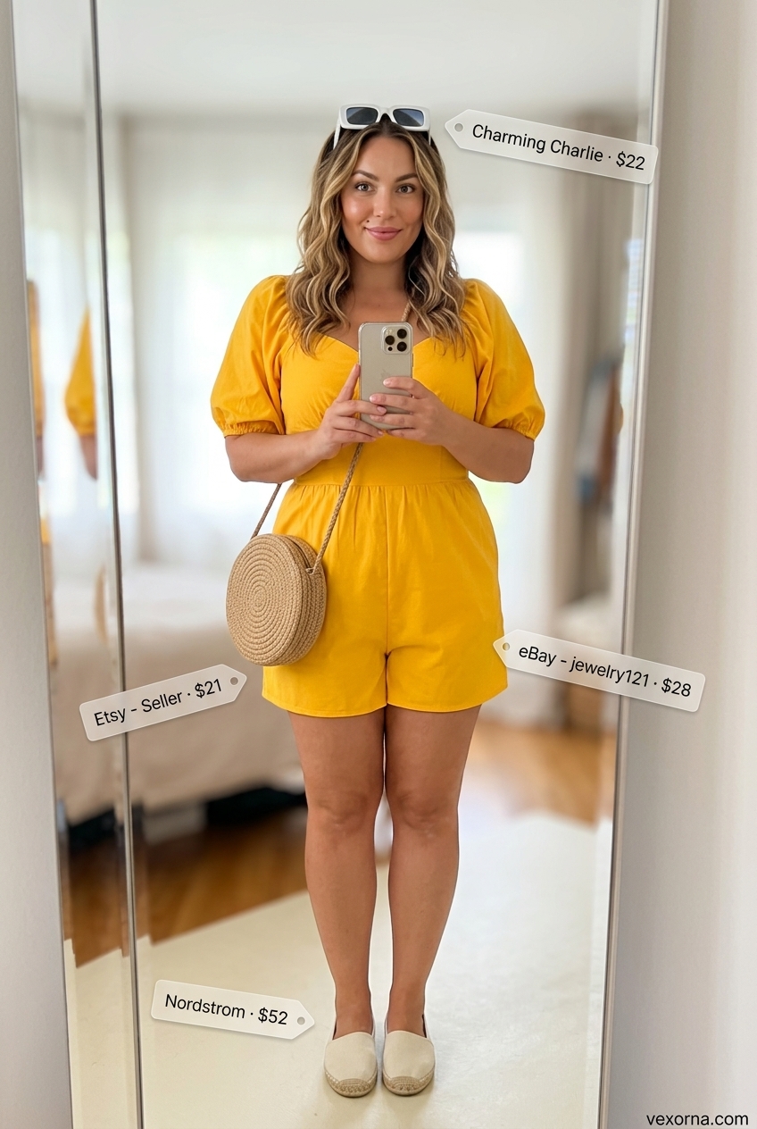 Plus size summer outfits for women 2026: Yellow romper, white espadrilles, straw bag for festival.