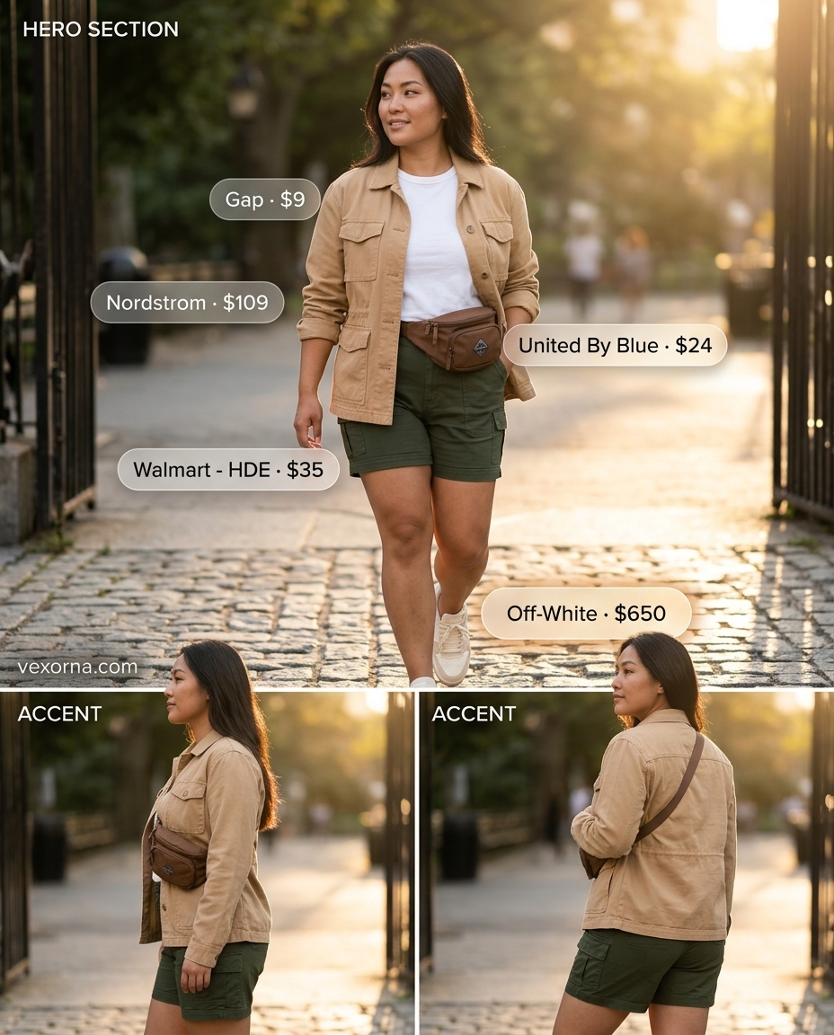 Plus size summer outfits for women 2026: Olive cargo shorts, utility jacket, white tee, sneakers.