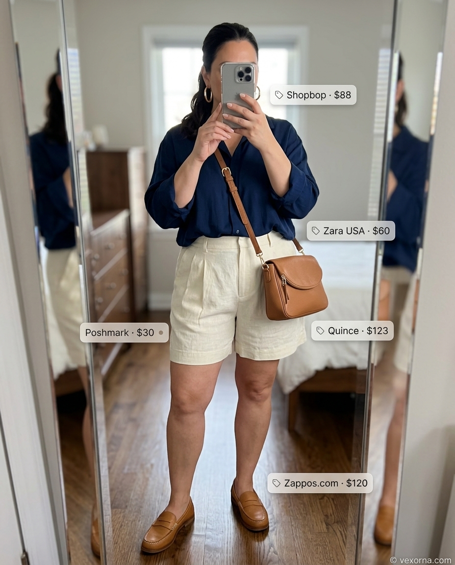 Plus size summer outfits for women 2026: Chic cream linen shorts with navy oversized shirt, loafers, and leather crossbody for travel.