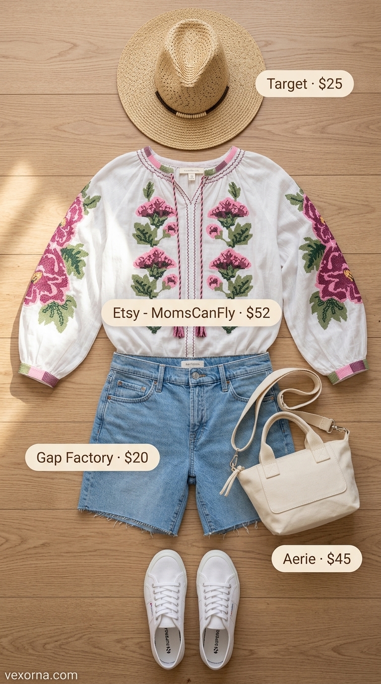 Plus size summer outfits for women 2026: Denim shorts, floral blouse, straw hat, canvas sneakers.