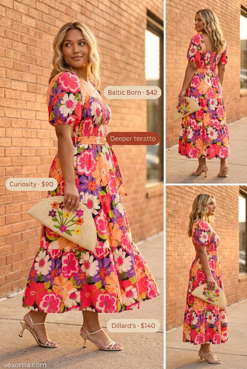 Plus size summer outfits for women 2026: Coral & teal floral maxi dress, gold sandals, woven clutch.