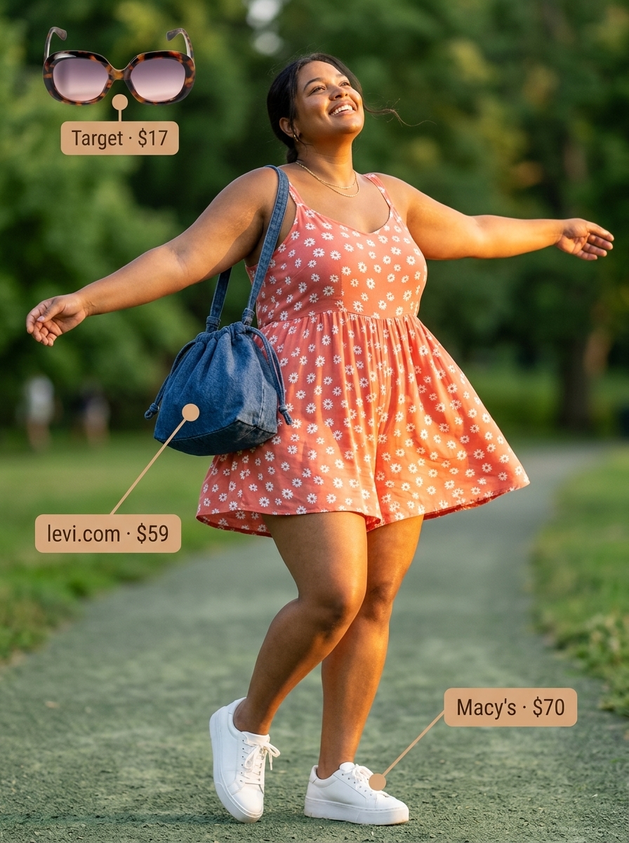 Plus size summer outfits for women 2026: Playful coral floral romper with denim crossbody bag and white sneakers for a casual day out.