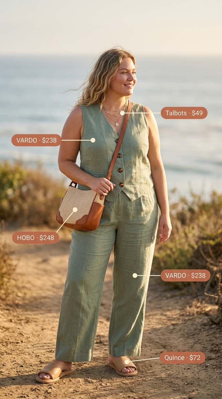 Plus size summer outfits for women 2026: Sage green linen set, straw crossbody bag, flat slides.