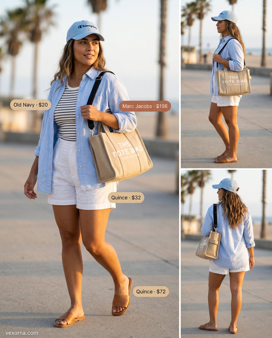 Plus size summer outfits for women 2026: Cream linen shorts, light blue oversized shirt, beige tote, leather slides.